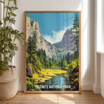 A light wood-framed Yosemite valley poster leans casually on a bedroom floor, offering a relaxed gallery-style display.