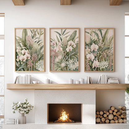 Pink orchid tropical wall art, a three-piece set in oak frames above a fireplace.