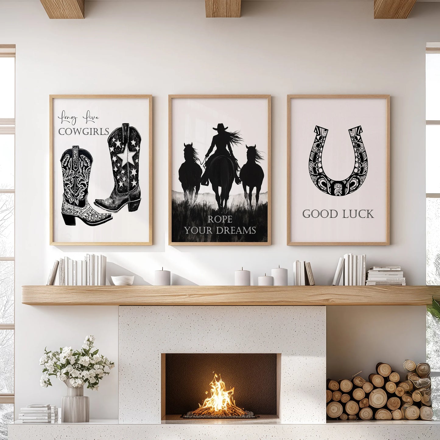 Three Texas-inspired prints in warm wood frames rest above the mantelpiece, grounding the sitting room with relaxed Southwestern warmth.
