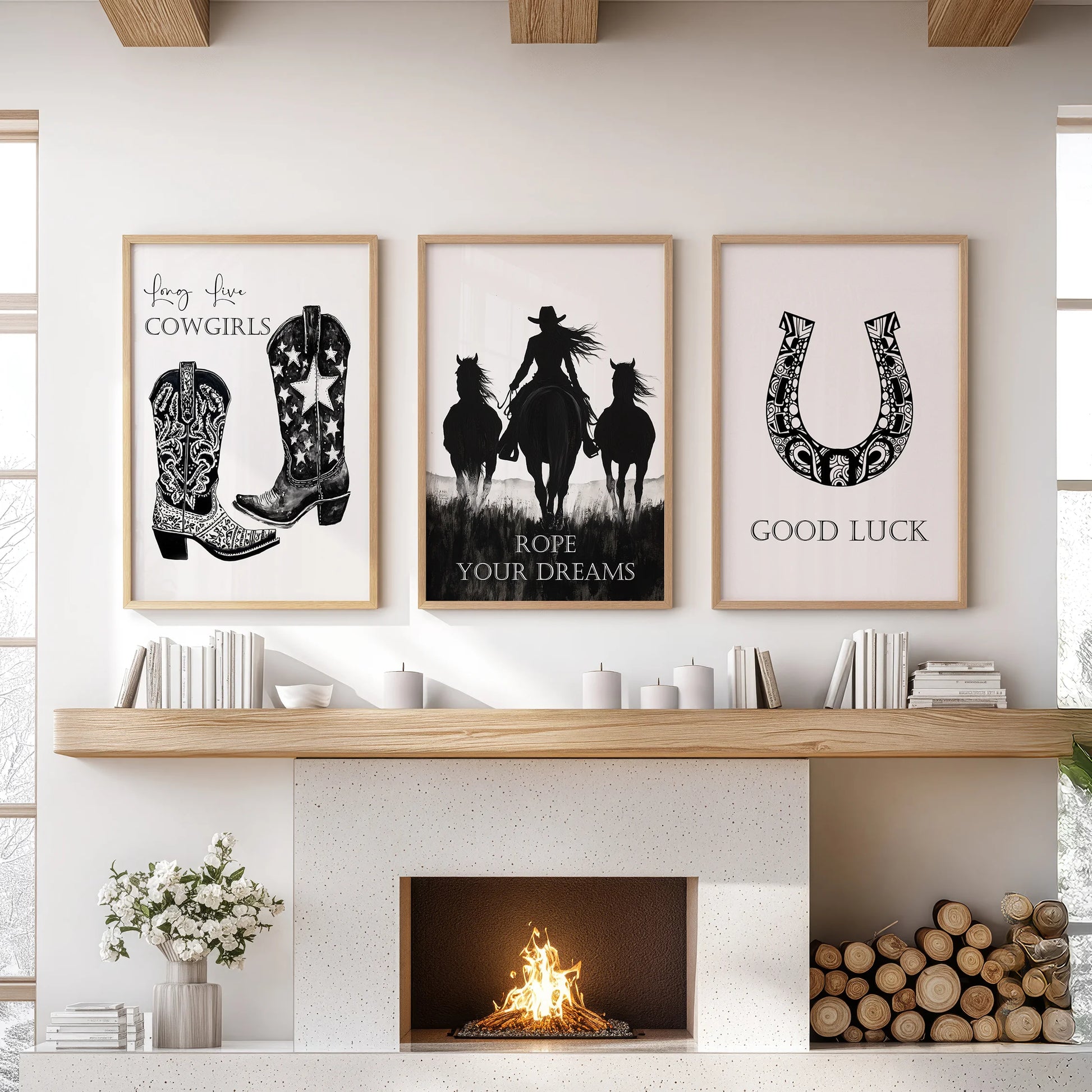 Three Texas-inspired prints in warm wood frames rest above the mantelpiece, grounding the sitting room with relaxed Southwestern warmth.