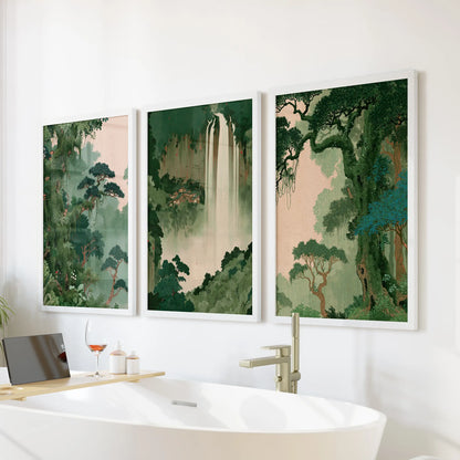 Vintage Japanese scenery wall art set of three white-framed pictures, arranged above a freestanding tub in a bathroom.