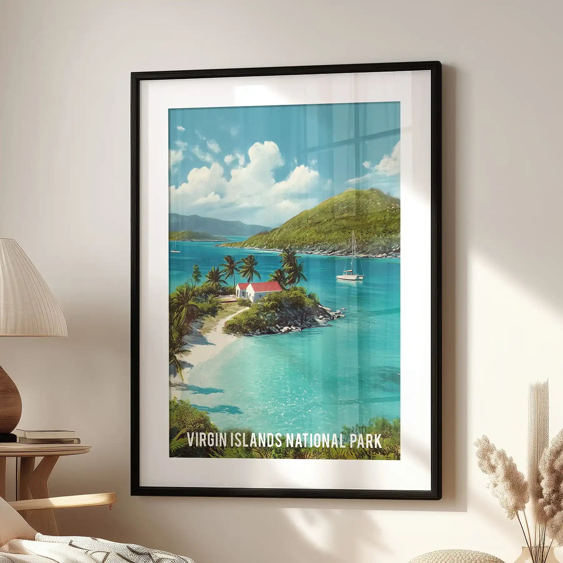 Virgin Islands National Park large wall poster in a black frame with white mat sits beside a reading chair in the sitting room, styled like a retro travel print.