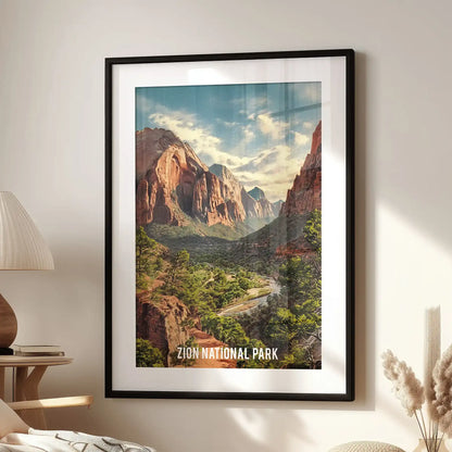 Virgin River canyon standalone wall art, black frame with matting, installed in the family room over a lounge chair, showing red rock walls and green watercourse.