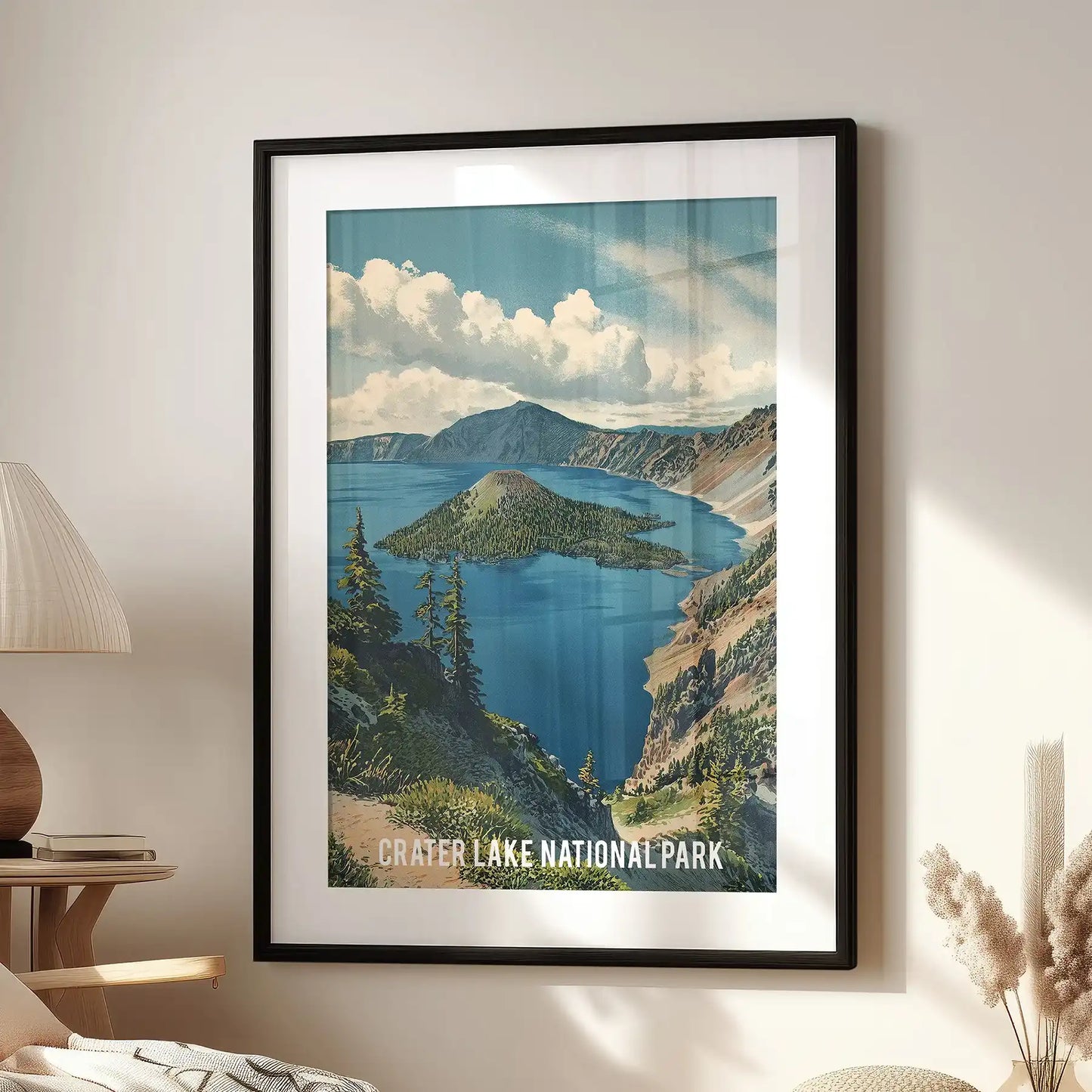 Framed wall art of a deep blue lake and peaks rests over the living-room seating area, the black mat adding a cool, crisp feel to the space.