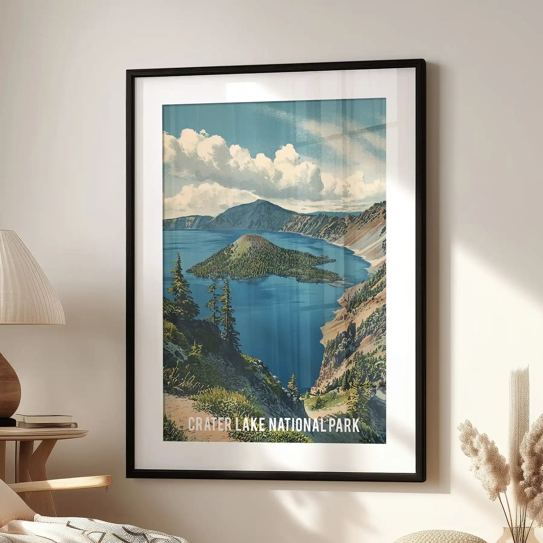 Framed wall art of a deep blue lake and peaks rests over the living-room seating area, the black mat adding a cool, crisp feel to the space.