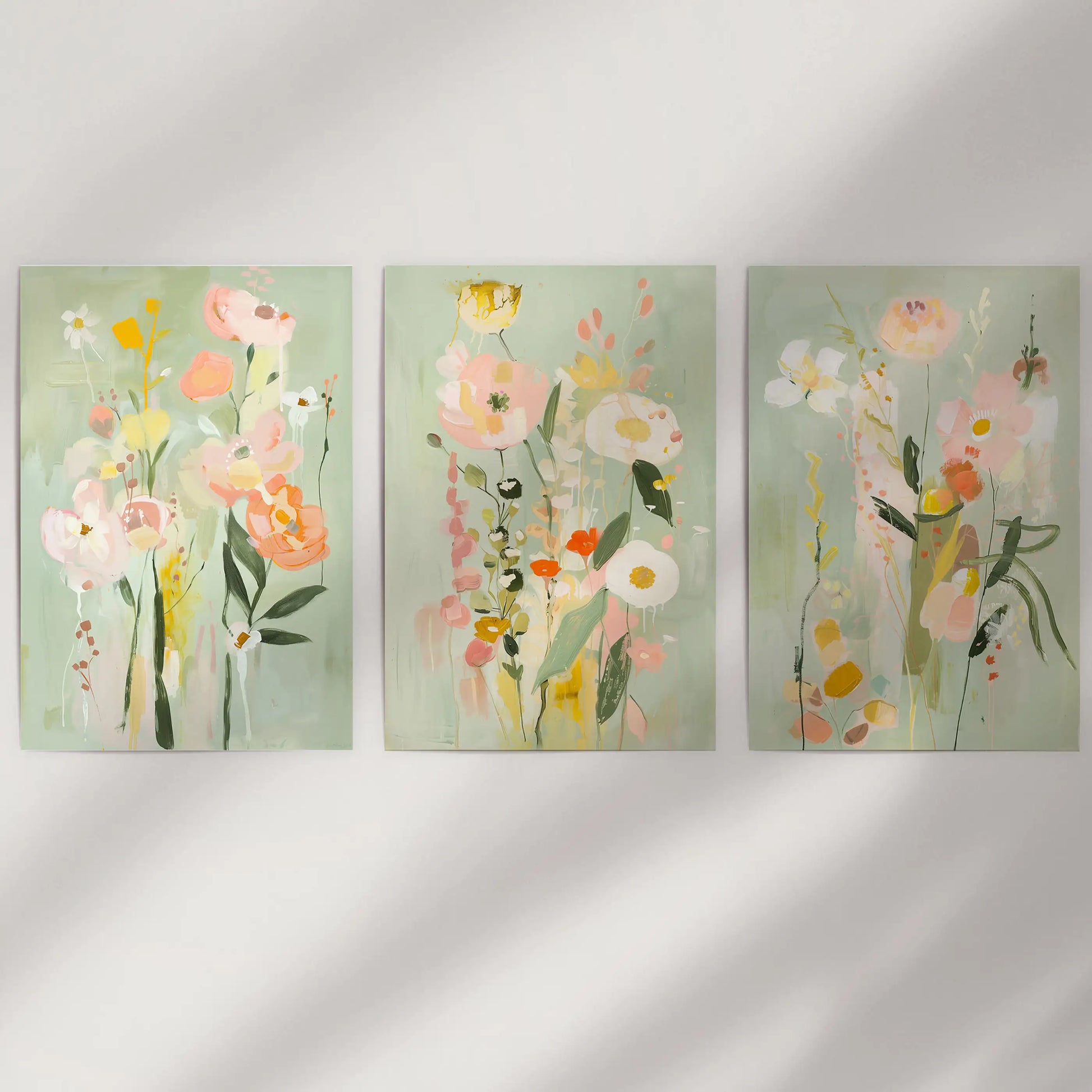 Contemporary botanical posters, a 3-piece wall art set, are unframed and arranged on a neutral wall for a clean, modern look.