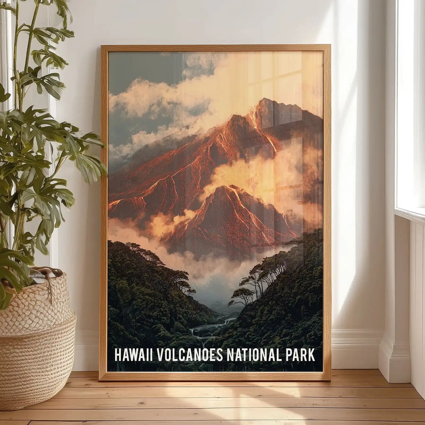 Volcanic landscape poster print for wall pairs with a solid oak frame in the bedroom, resting on the floor by the window for a relaxed look.