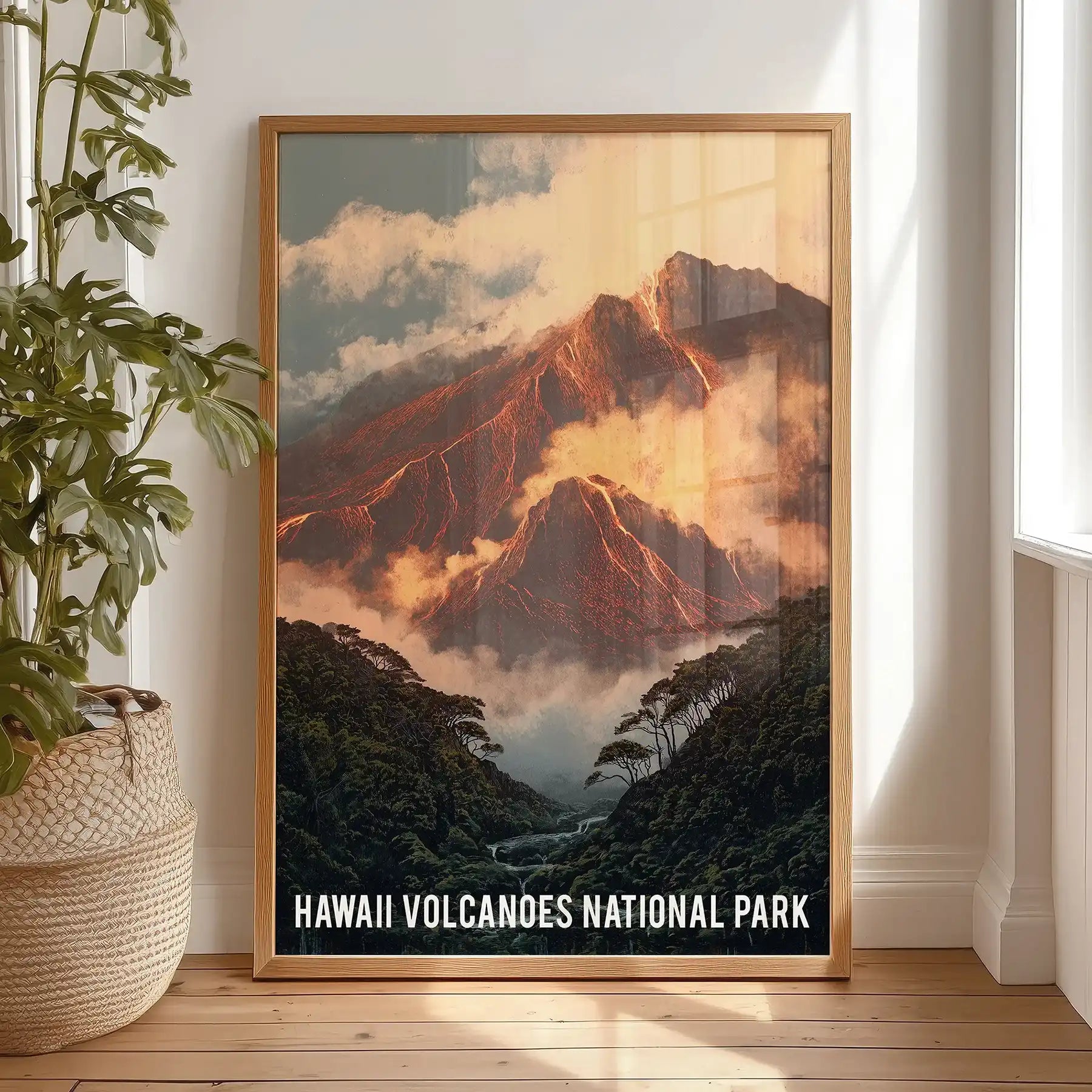 Volcanic landscape poster print for wall pairs with a solid oak frame in the bedroom, resting on the floor by the window for a relaxed look.