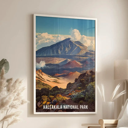 Volcanic cinder cones of Haleakalā single poster lends drama to the family room, hanging over the reading chair in a clean white frame that sharpens lava textures.