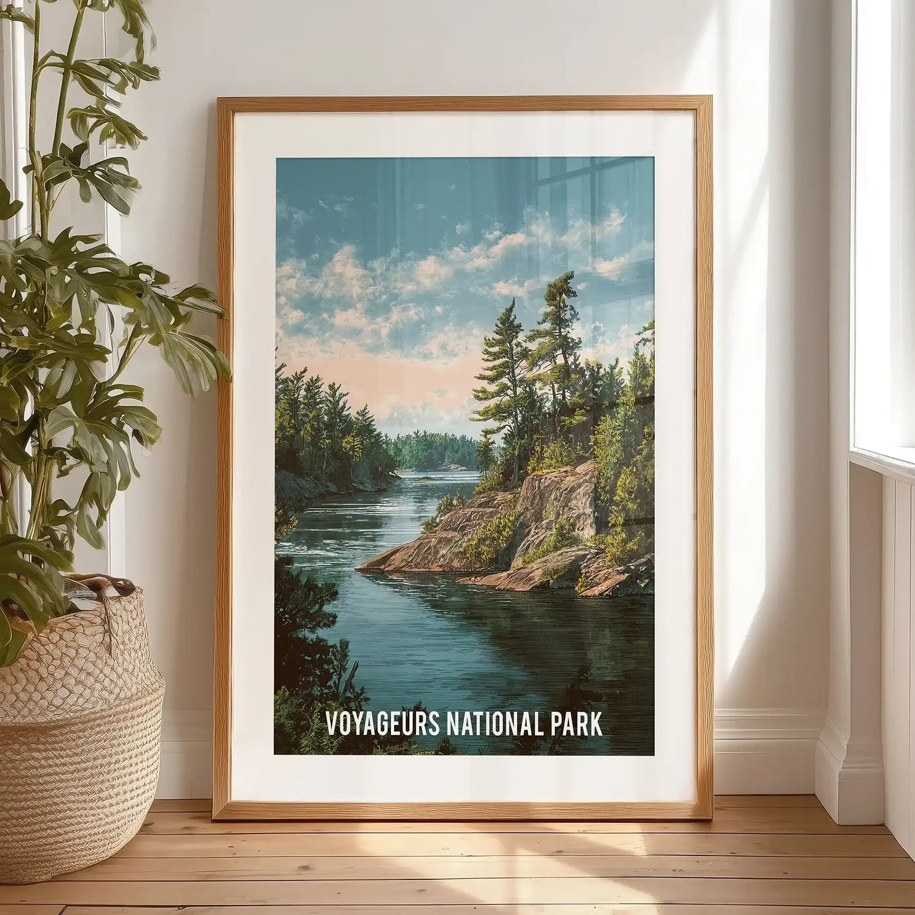 A one-panel print of Voyageurs National Park, neatly matted and black-framed, leans against the bedside wall for an effortless travel vibe.