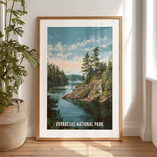 A one-panel print of Voyageurs National Park, neatly matted and black-framed, leans against the bedside wall for an effortless travel vibe.