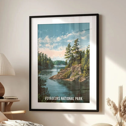 A picture print of Voyageurs National Park’s lake view, finished in a black frame with mat, rests beside a window chair in the living room.