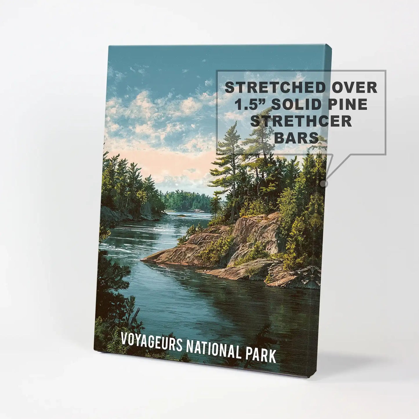 A single wall art canvas shows island-studded waters and pine trees, its wrapped edges giving a frameless gallery-style presentation.