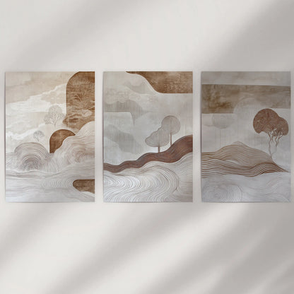 Minimalist wall prints in a beige and brown trio arrive unframed, creating a clean, airy display that suits a pared-down space.