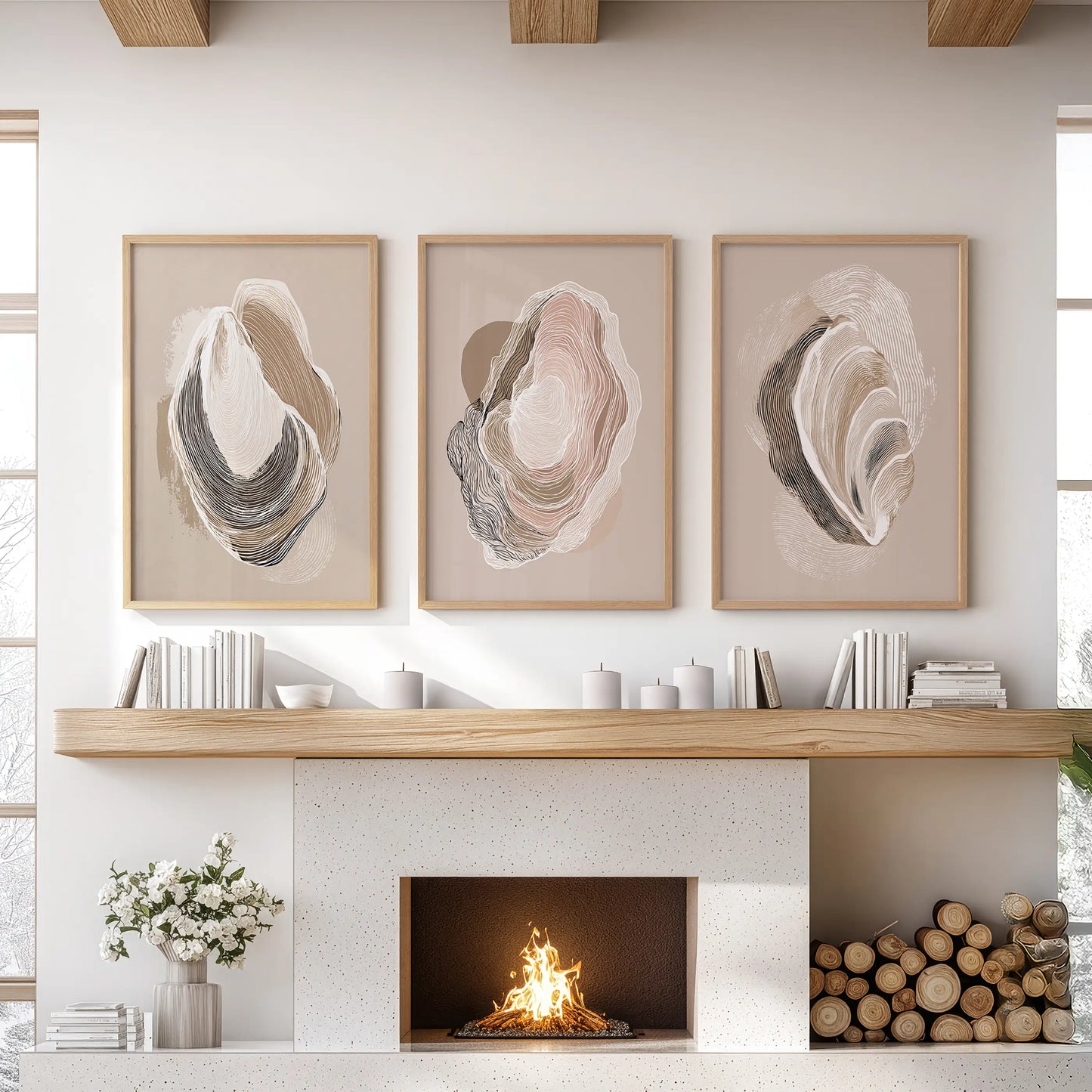 Wabi-sabi oyster line art, a gallery set of three in thin wood frames, spans the living room mantel to ground the space with textured serenity.