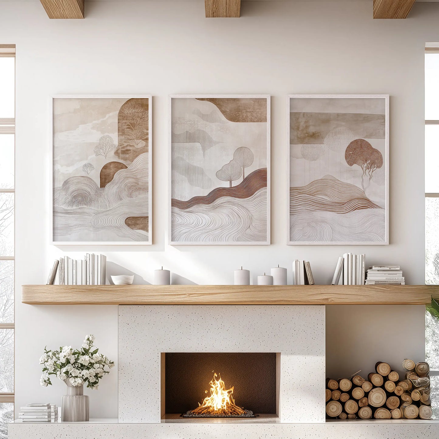Beige and brown minimalist artworks in white frames create a refined triptych above the fireplace mantel, complementing the sitting room.