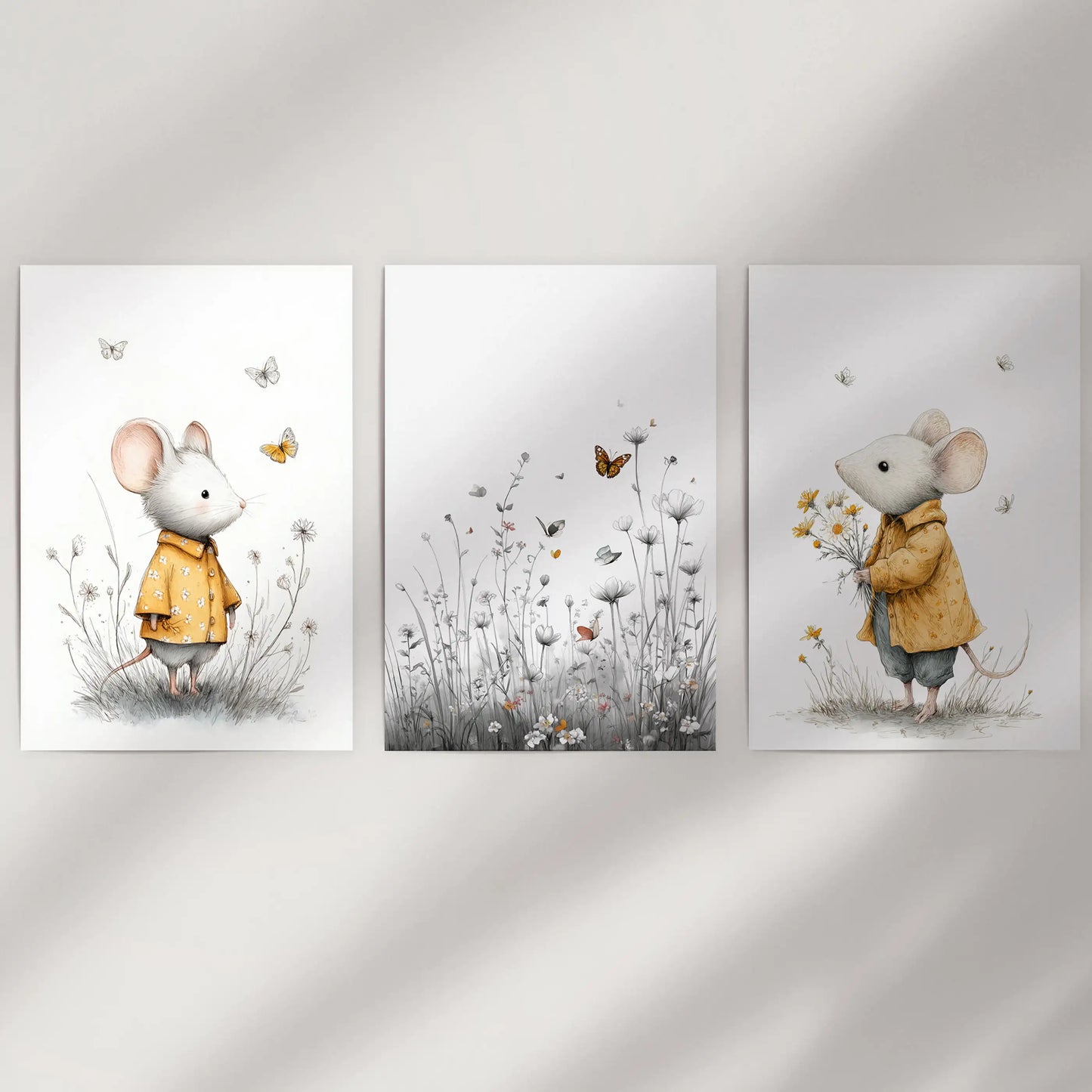 Cute mouse illustrations, a trio print set shown against a white wall; unframed posters arrive rolled in a tube, ready for your favorite frames.