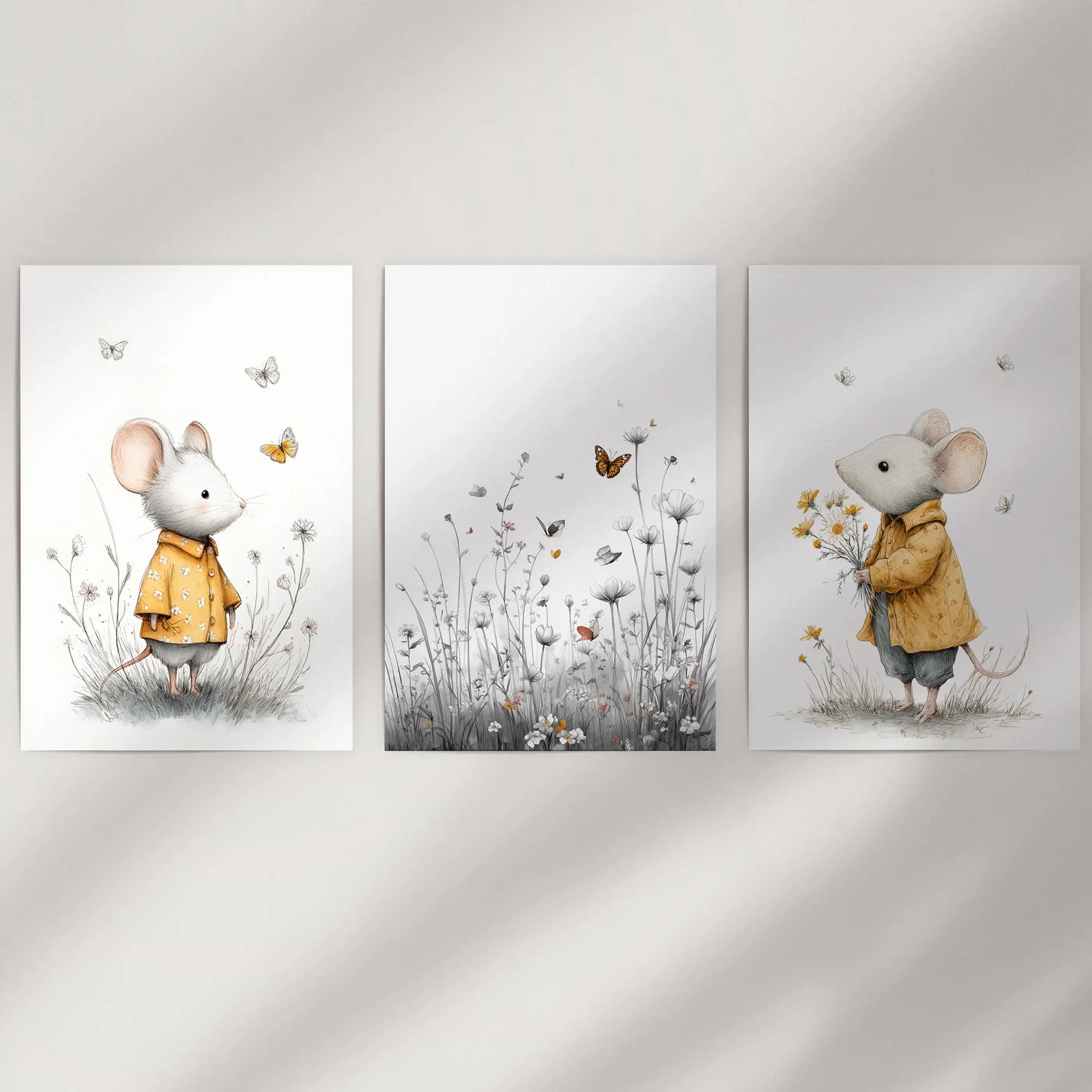 Cute mouse illustrations, a trio print set shown against a white wall; unframed posters arrive rolled in a tube, ready for your favorite frames.