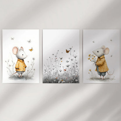 Cute mouse illustrations, a trio print set shown against a white wall; unframed posters arrive rolled in a tube, ready for your favorite frames.