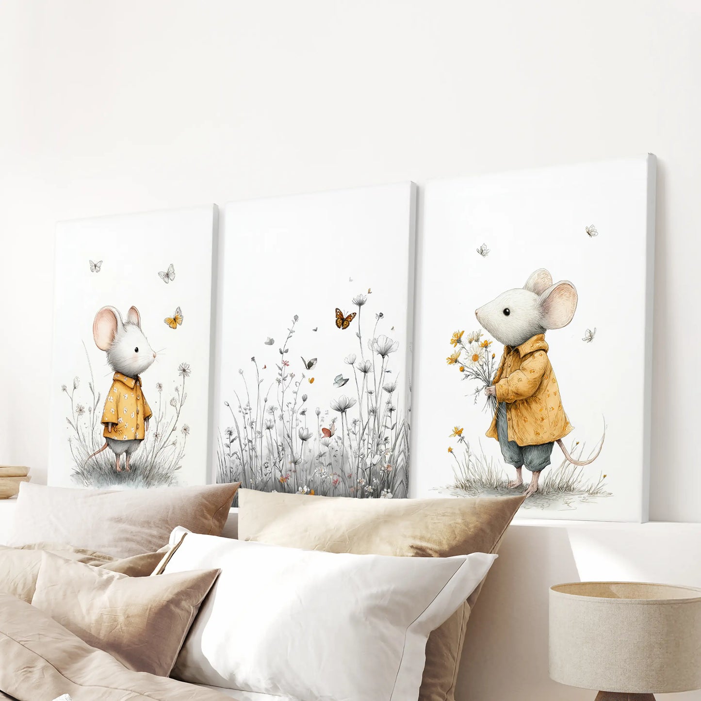 Three stretched-canvas prints of floral baby mice bring a tender decorative touch above the bed’s headboard.