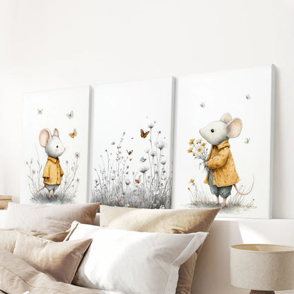 Three stretched-canvas prints of floral baby mice bring a tender decorative touch above the bed’s headboard.
