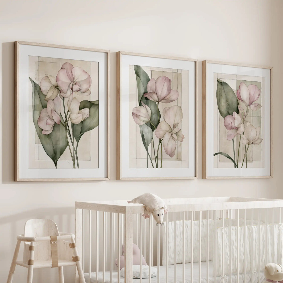 Matted oak frames hold three pink botanical flower prints above a crib.