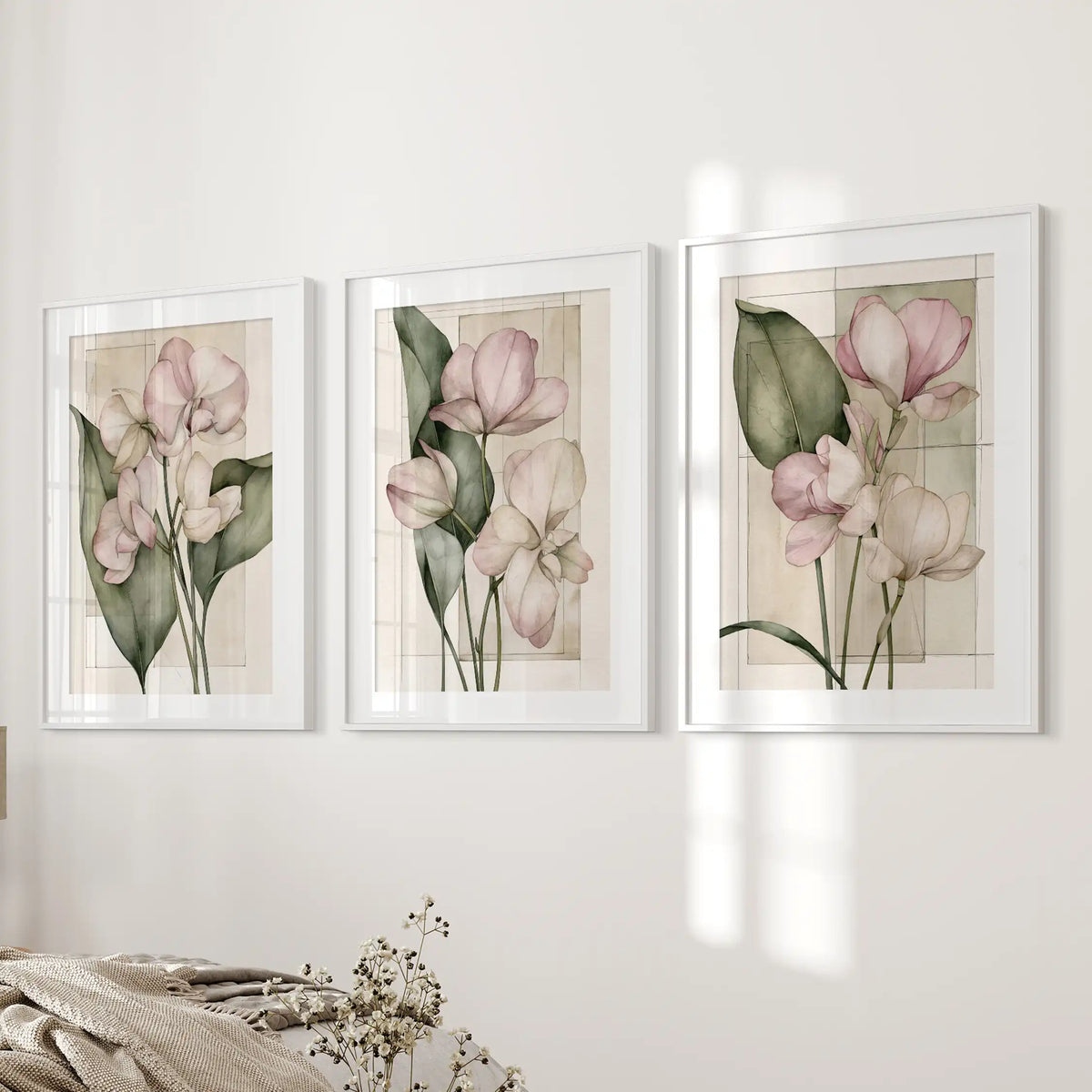 The three white frames beside a bed have mats around pink flowers and dark leaves, with pale rectangular outlines behind the stems.