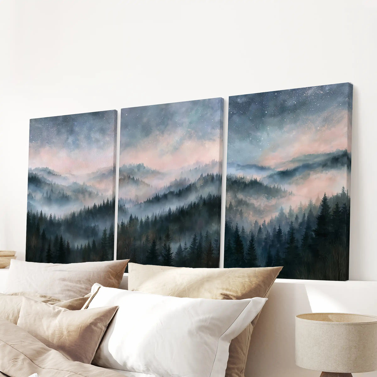 Moody misty hills wall decor, a 3-piece canvas set ready to hang in the bedroom, centered above the bed for a serene finish.