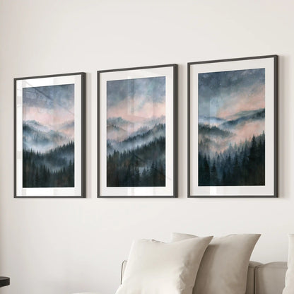 Blue watercolor landscape posters, a 3-poster bundle in black mat frames, styled above the sofa in the lounge.