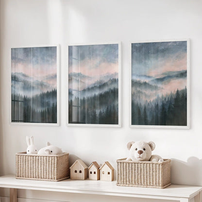 Blue watercolor landscape poster art, a set of 3 in white frames, hung above toy storage in the kids' playroom for a calm, airy note.