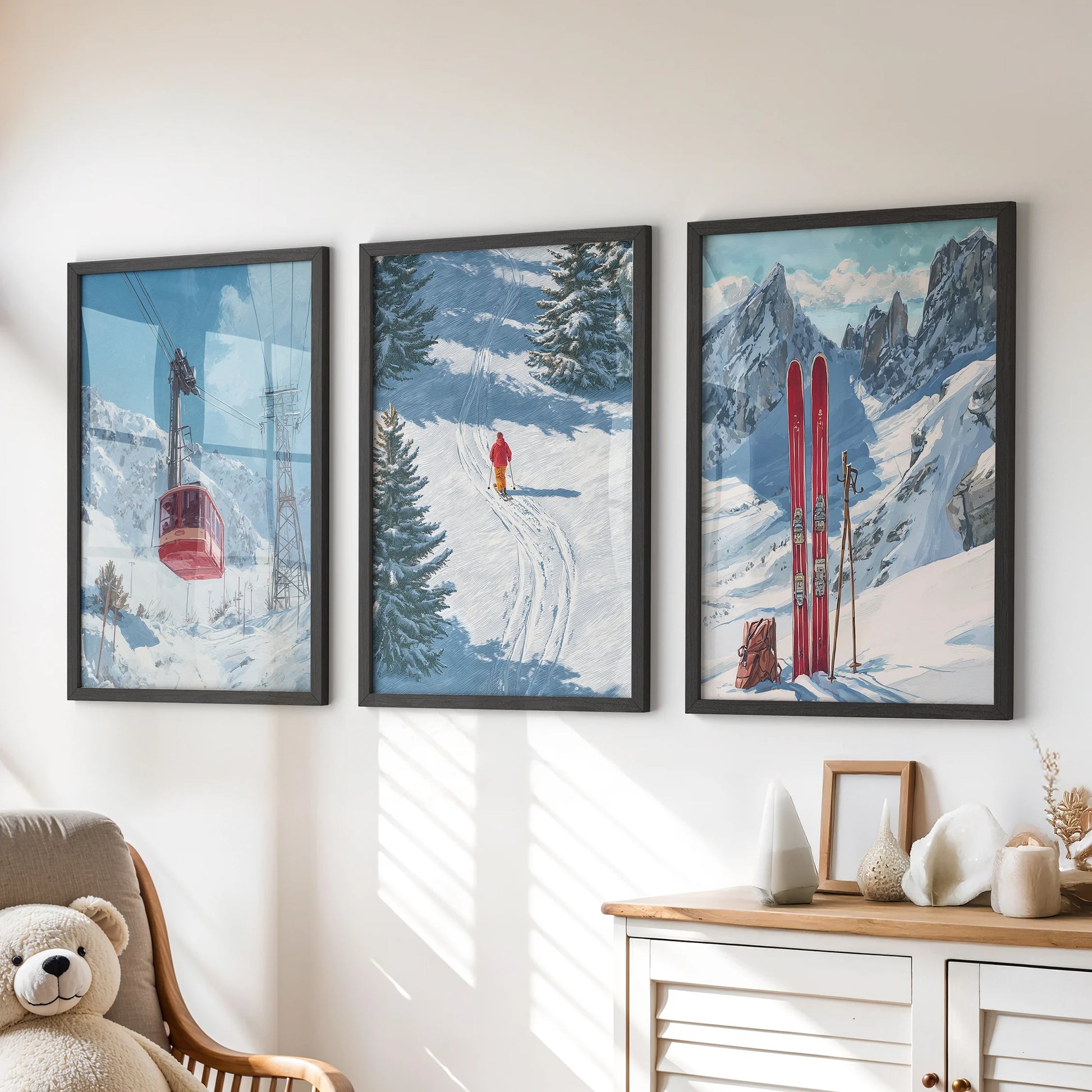 Black-framed winter mountain wall decor in three pieces lifts a kids’ playroom above the dresser, with airy peaks and snowlight tones.