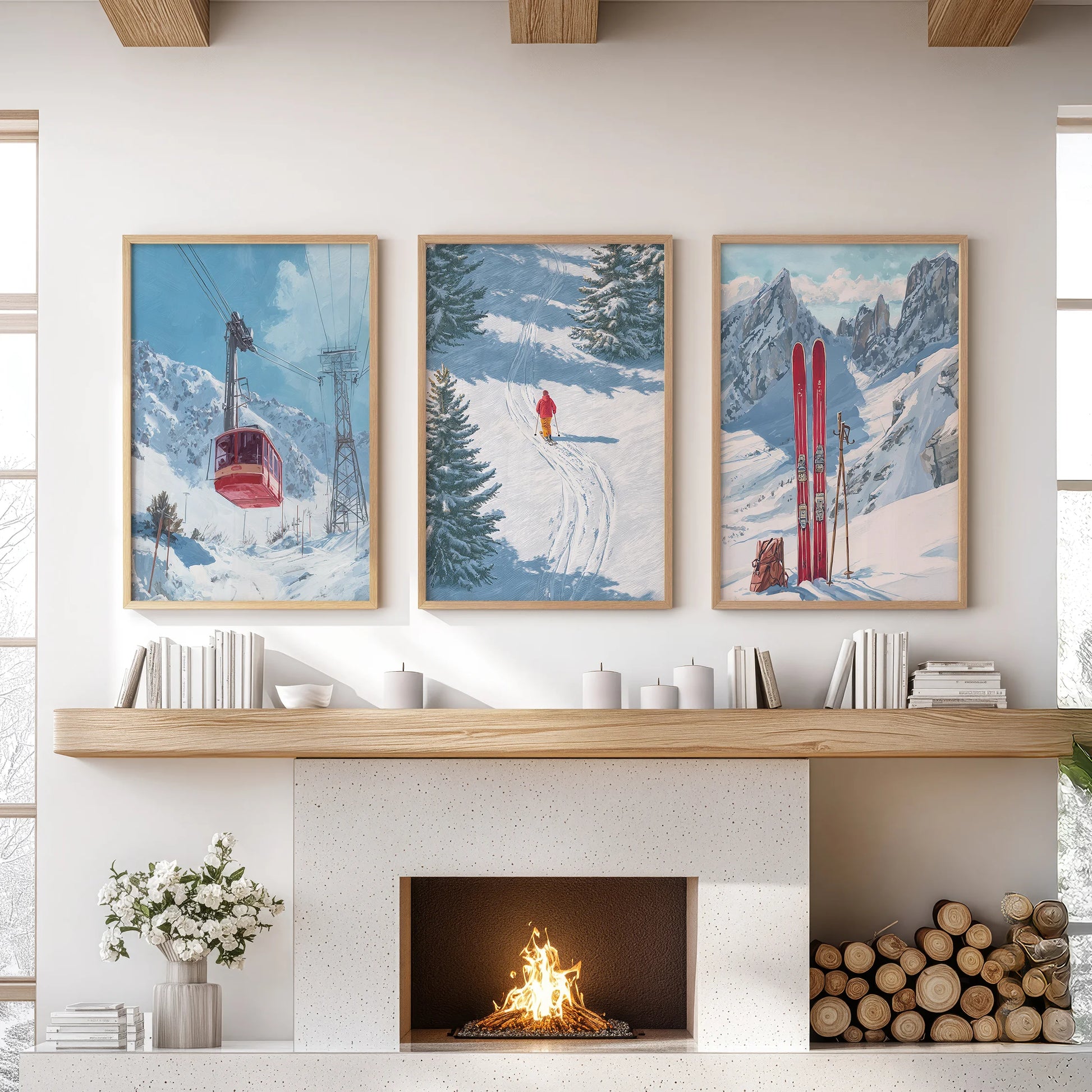 Gondola over alpine slopes wall decor, three-piece set with natural oak frames, warms the family room over the hearth with vintage lift lines.