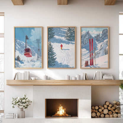 Gondola over alpine slopes wall decor, three-piece set with natural oak frames, warms the family room over the hearth with vintage lift lines.