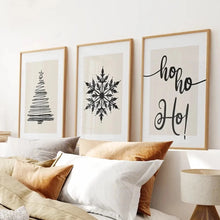 Load image into Gallery viewer, Christmas Tree Wall Art Prints Set. Thin Wood Frames Over the Bed.
