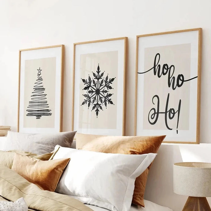 Christmas Tree Wall Art Prints Set. Thin Wood Frames Over the Bed.