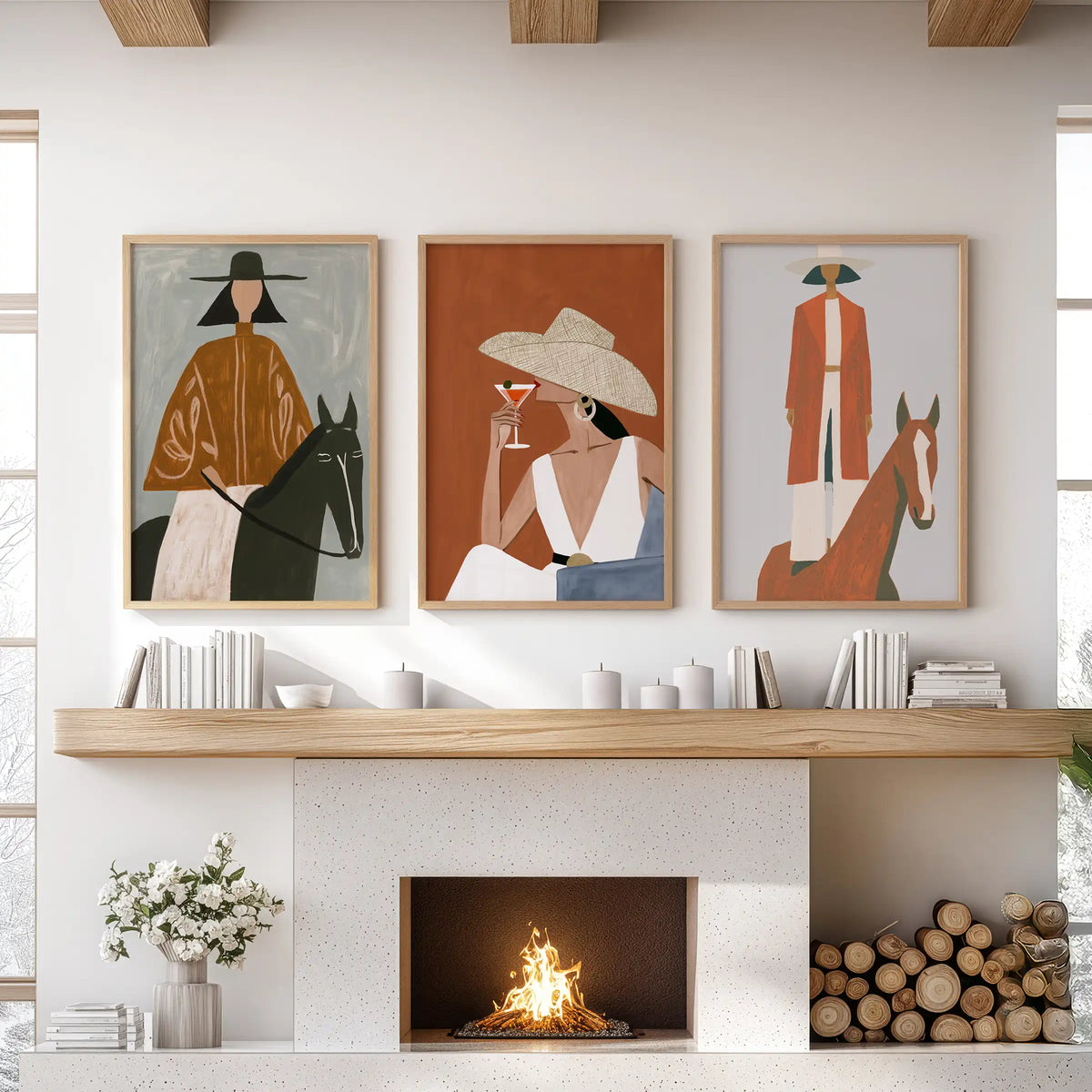 Natural oak-framed wall art in three pieces features western women with horses, adding warm texture to the lounge above the mantel.