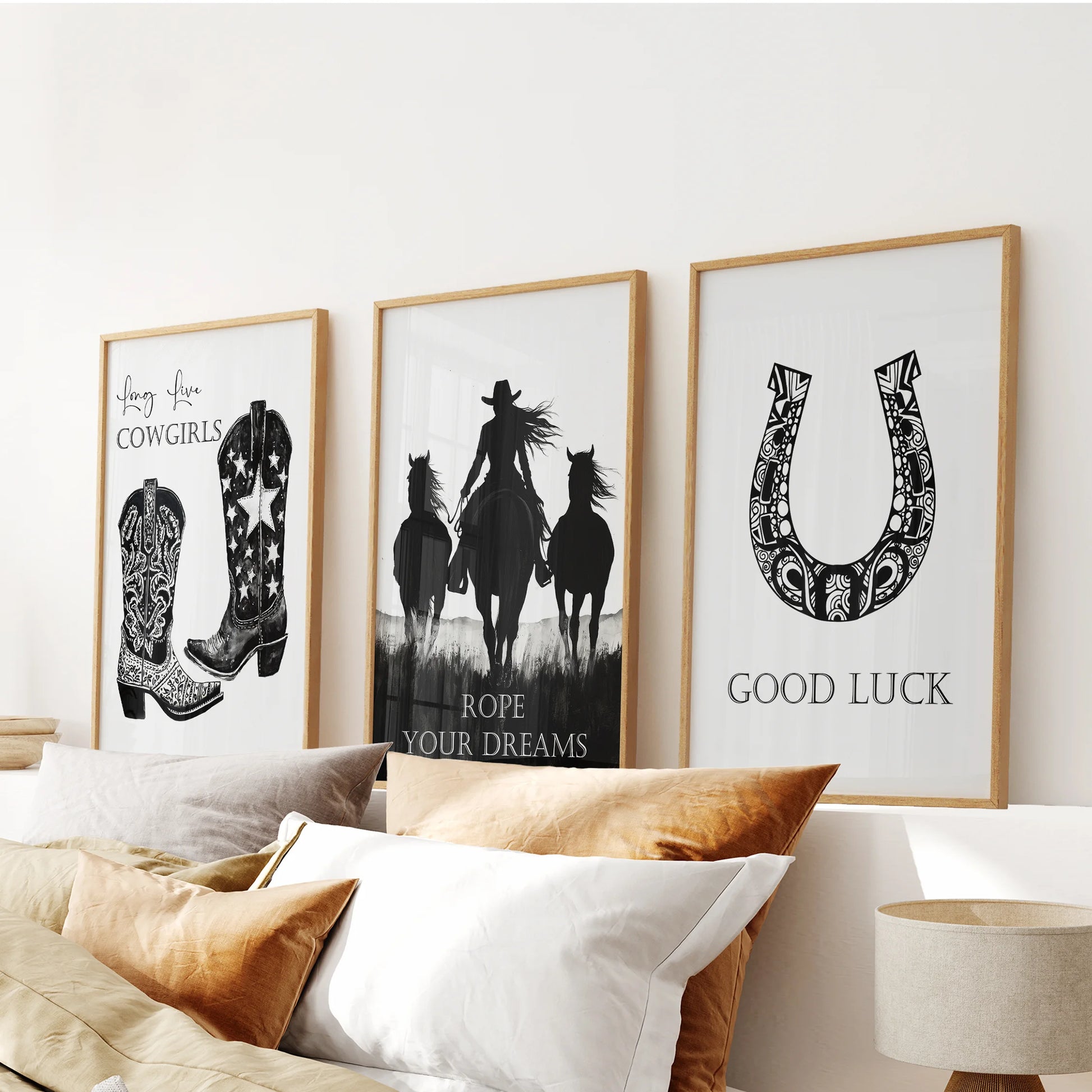 Western fashion icon prints in a 3-piece art set sit in solid oak frames, styling the bedroom over the headboard with textured, ranch-bred polish.