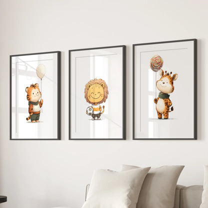 A trio of jungle-nursery animal prints, black-framed with white mats, makes a lively three-piece wall art set over the sectional in a sunny family room.