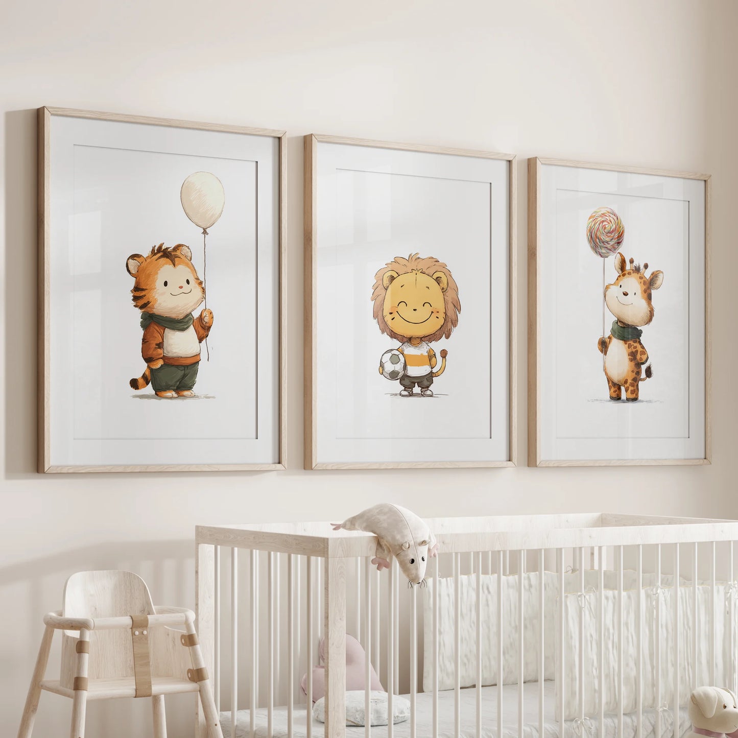 Baby tiger, lion, and giraffe three-piece wall art in oak matted frames hangs over the bassinet in the nursery, sweet and soothing.