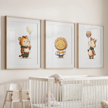 Baby tiger, lion, and giraffe three-piece wall art in oak matted frames hangs over the bassinet in the nursery, sweet and soothing.