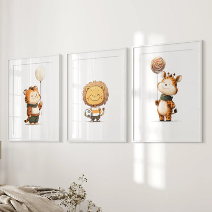 Safari-cub wall art set of three rests neatly beside the bed in a peaceful bedroom, each print presented in a white frame with a clean matching mat.