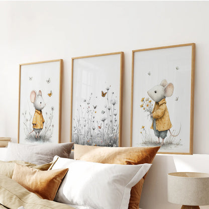 Watercolor little mice, a wall art trio in natural wood frames, centered over the bedroom headboard for a soft, storybook focal point.