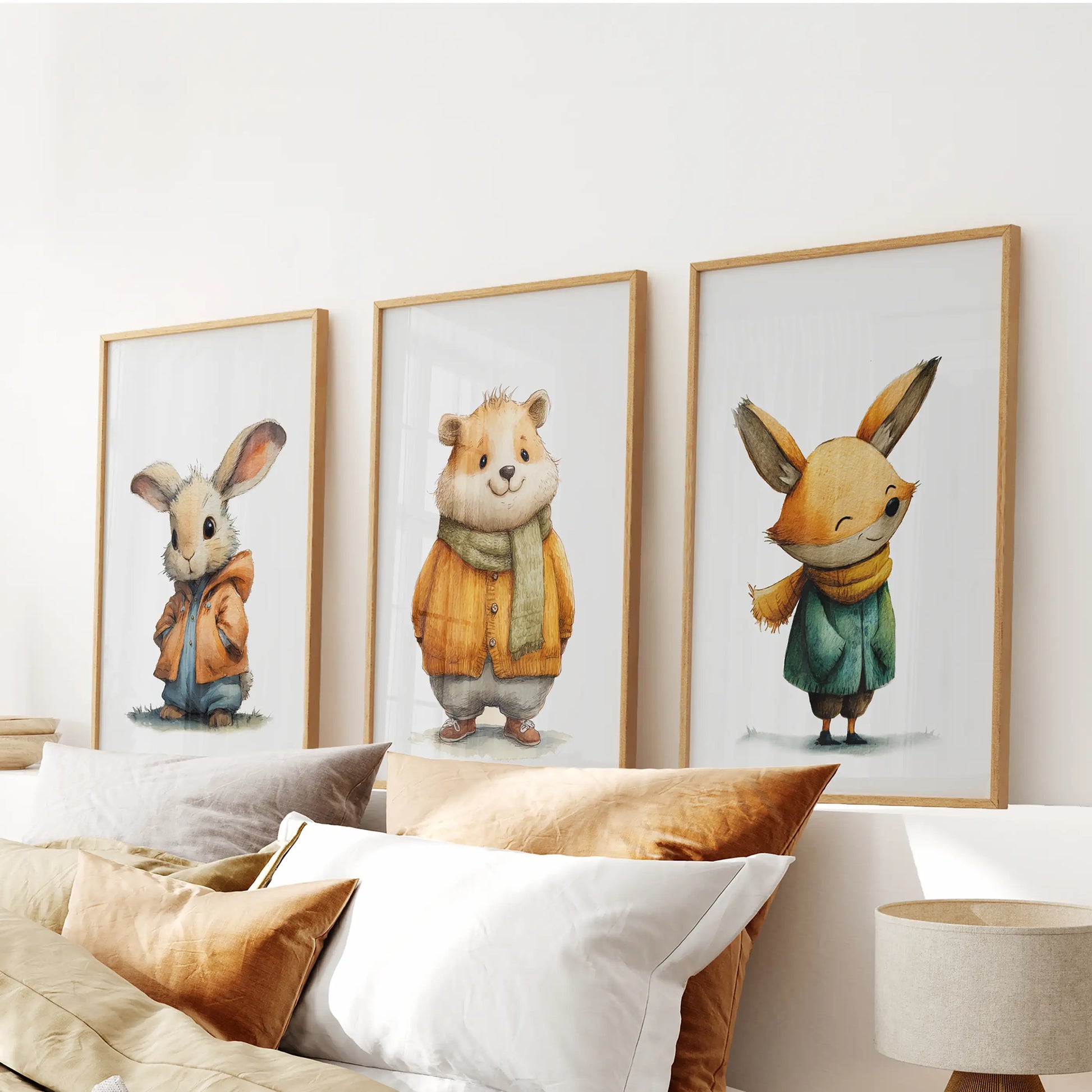 Woodland animals 3-piece art set in natural wood frames anchors the bedroom, centered above the headboard for a calm, gender-neutral feel.