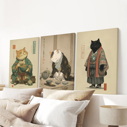 Three canvas wall prints of vintage-style black cat art span the headboard, uniting whimsy and subtle Japanese grace in the bedroom.
