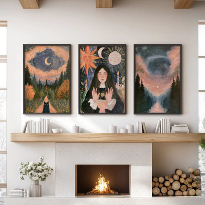 Witchy forest landscape wall art three-piece set, in black frames, crowns the family-room mantel for a moody, whimsigoth focal point.