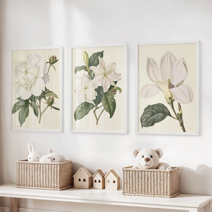 A ruffled bloom, smaller white blossoms and a single open flower fill three white-framed prints above baskets of toys.