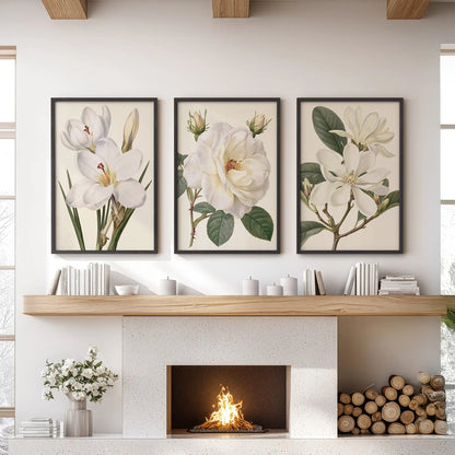 A layered white rose sits between two other white flower studies in three black-framed prints above a fireplace, all on cream backgrounds.