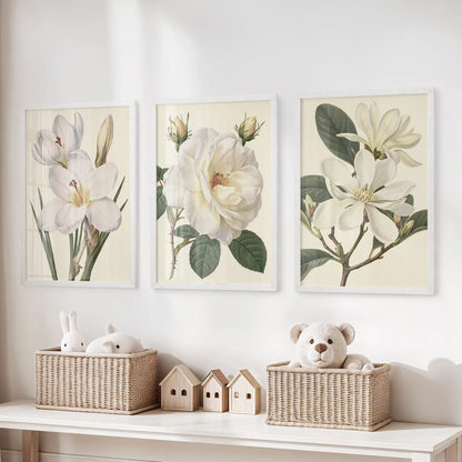 Three white-framed prints above toy baskets show white blooms on cream, with rose buds, narrow upright leaves and a branching stem.
