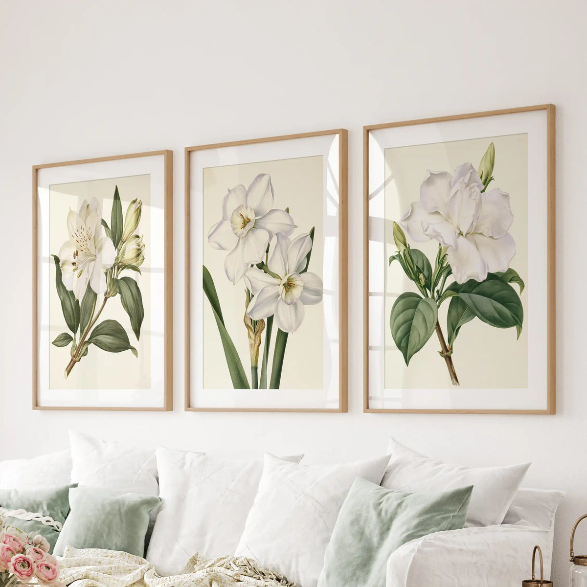 Three white narcissus and blossom prints in oak frames with white mats above a sofa.