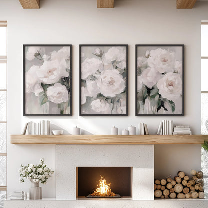 White peonies in a 3-piece gallery wall, black-framed art prints for the family room, arranged over the fireplace mantel with a vintage, oil-painted bloom feel.